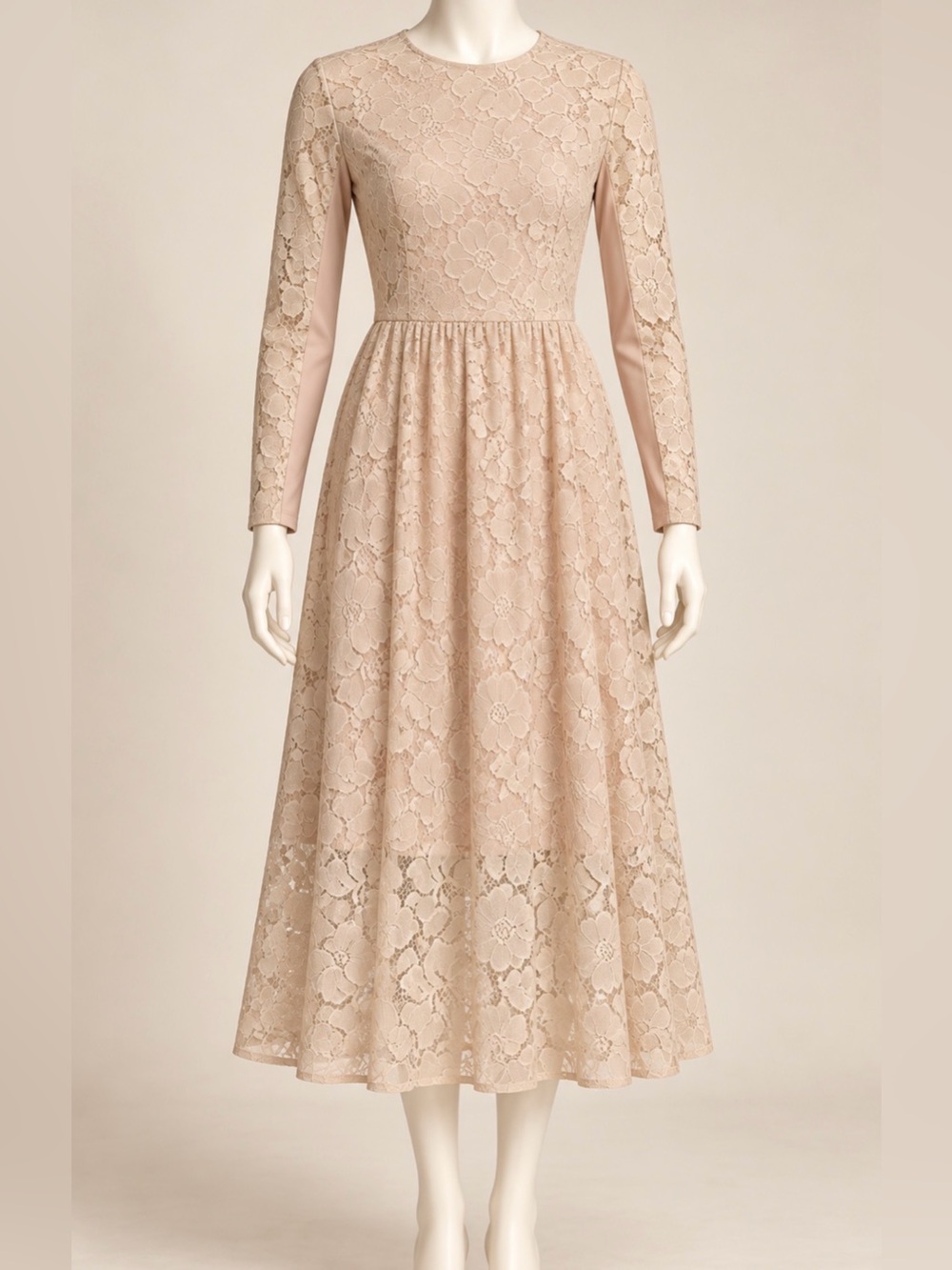 H&M Beige Lace Long-Sleeve Midi Dress